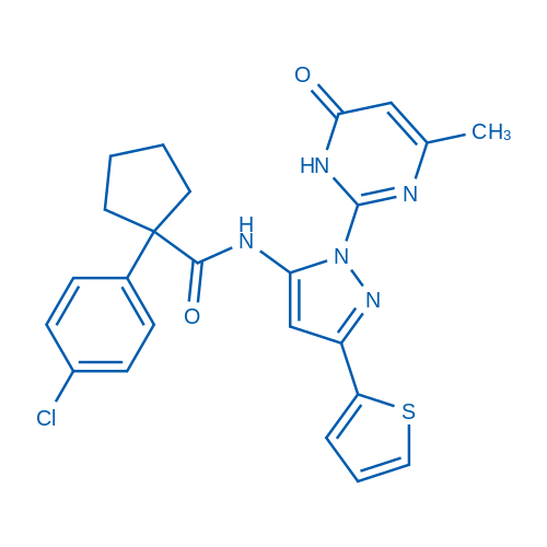 1-(4-Chlorophenyl)-N-(1-(4-methyl-6-oxo-1,6-dihydropyrimidin-2-yl)-3-(thiophen-2-yl)-1H-pyrazol-5-yl)cyclopentane-1-carboxamide
